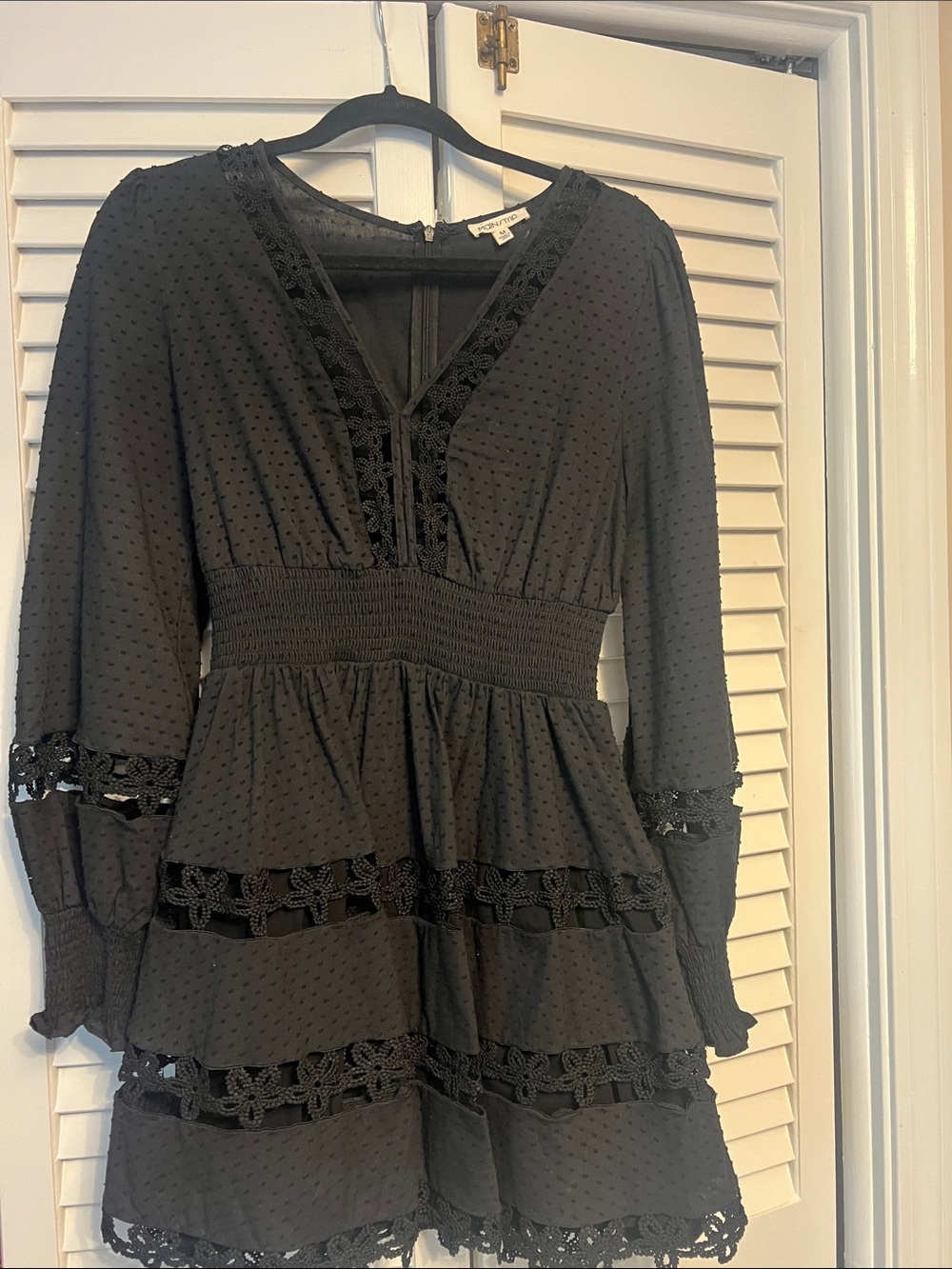 Black Crochet Trim Long Sleeve Mini Dress